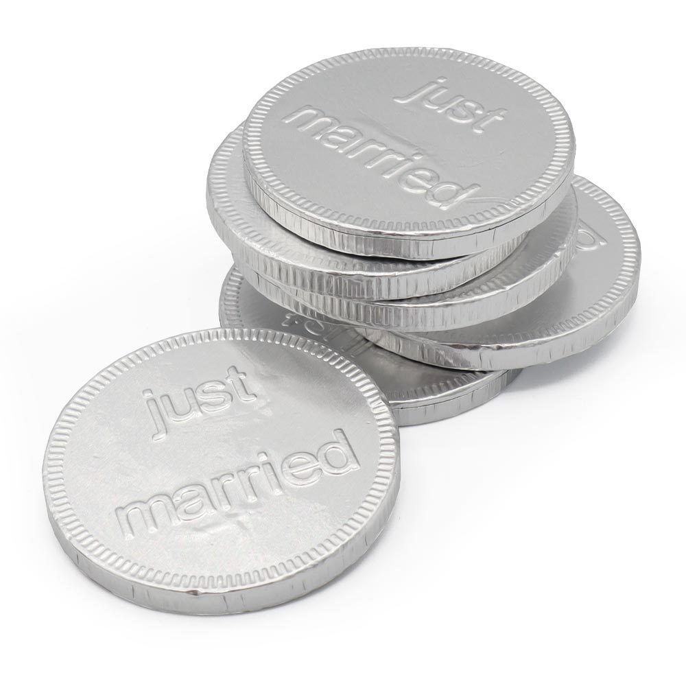 Silver 'Just Married' Milk Chocolate Coins - 180 x 5. 2g