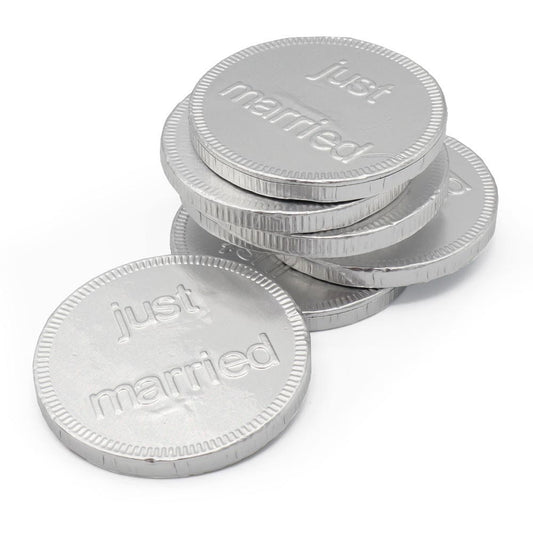 Silver 'Just Married' Milk Chocolate Coins - 180 x 5. 2g