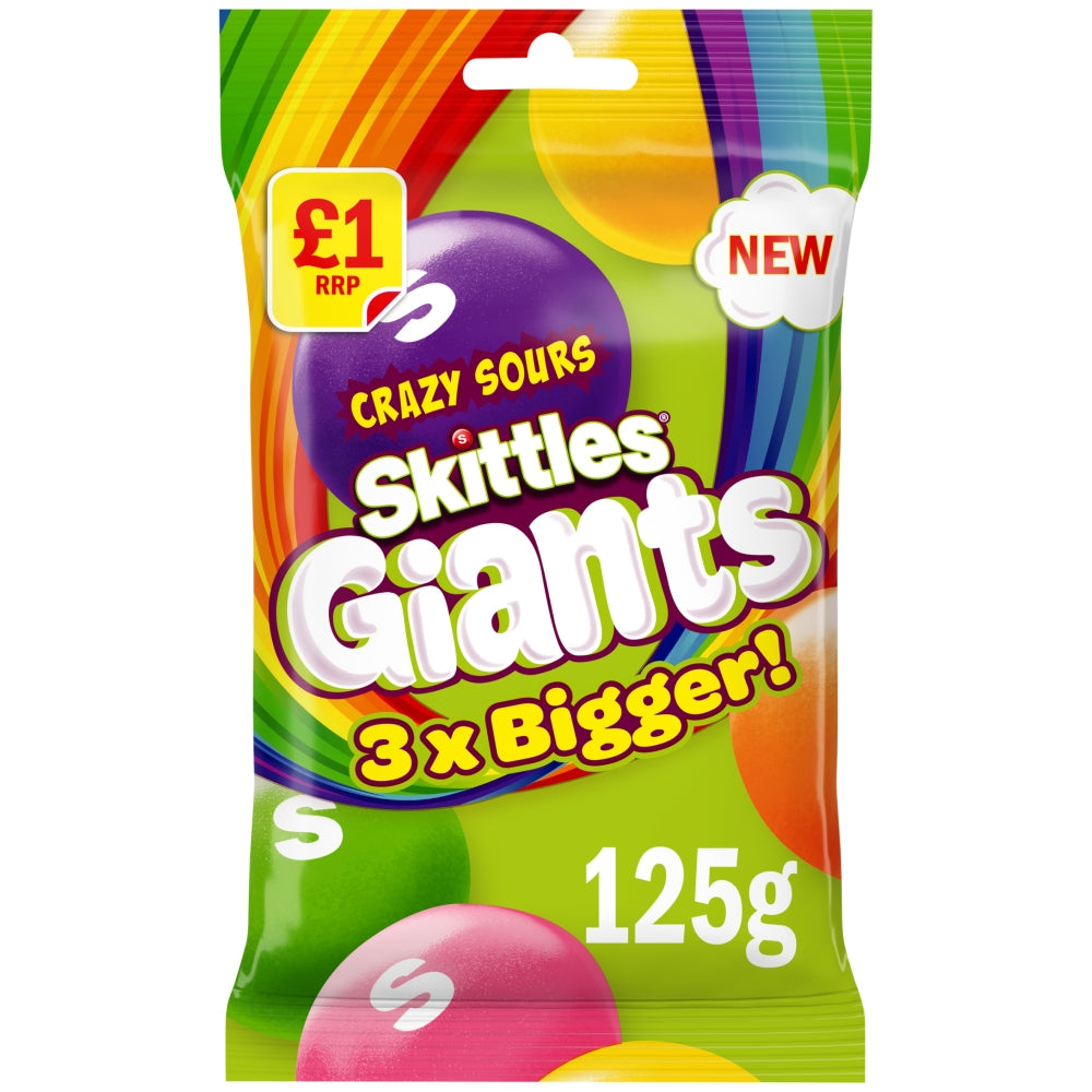 Skittles Giants Vegan Chewy Sour Sweets Fruit Flavoured Treat Bag £1 PMP 125g - 12 x 125g