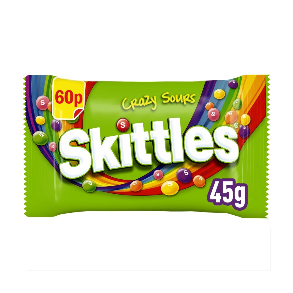 Skittles Vegan Chewy Crazy Sour Sweets Fruit Flavoured Bag 60p PMP 45g - 36 x 45g Bags