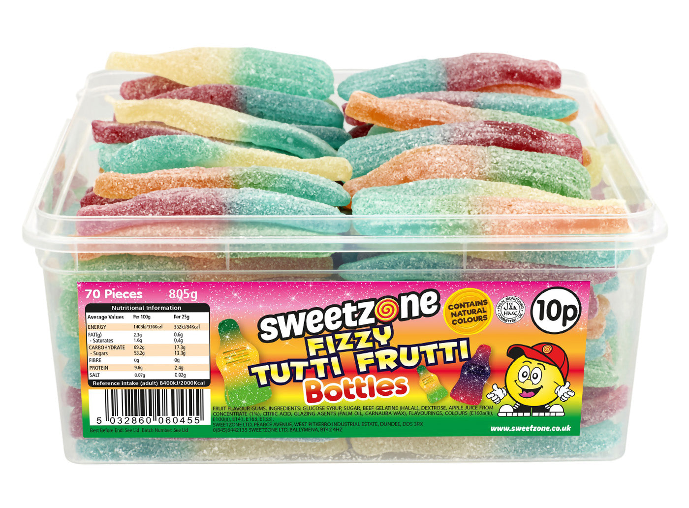 Sweetzone Fizzy Tutti Frutti Bottles 10p Tub 805g - 1 x 805g Tub
