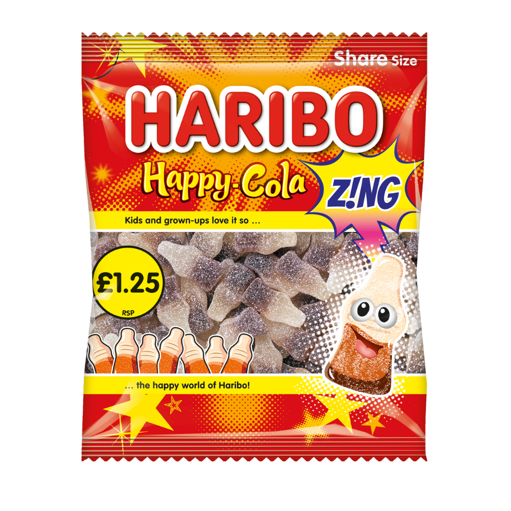 Haribo Happy Cola Z!NG Bag 140g £1.25 PMP - 12 x 140g Bags