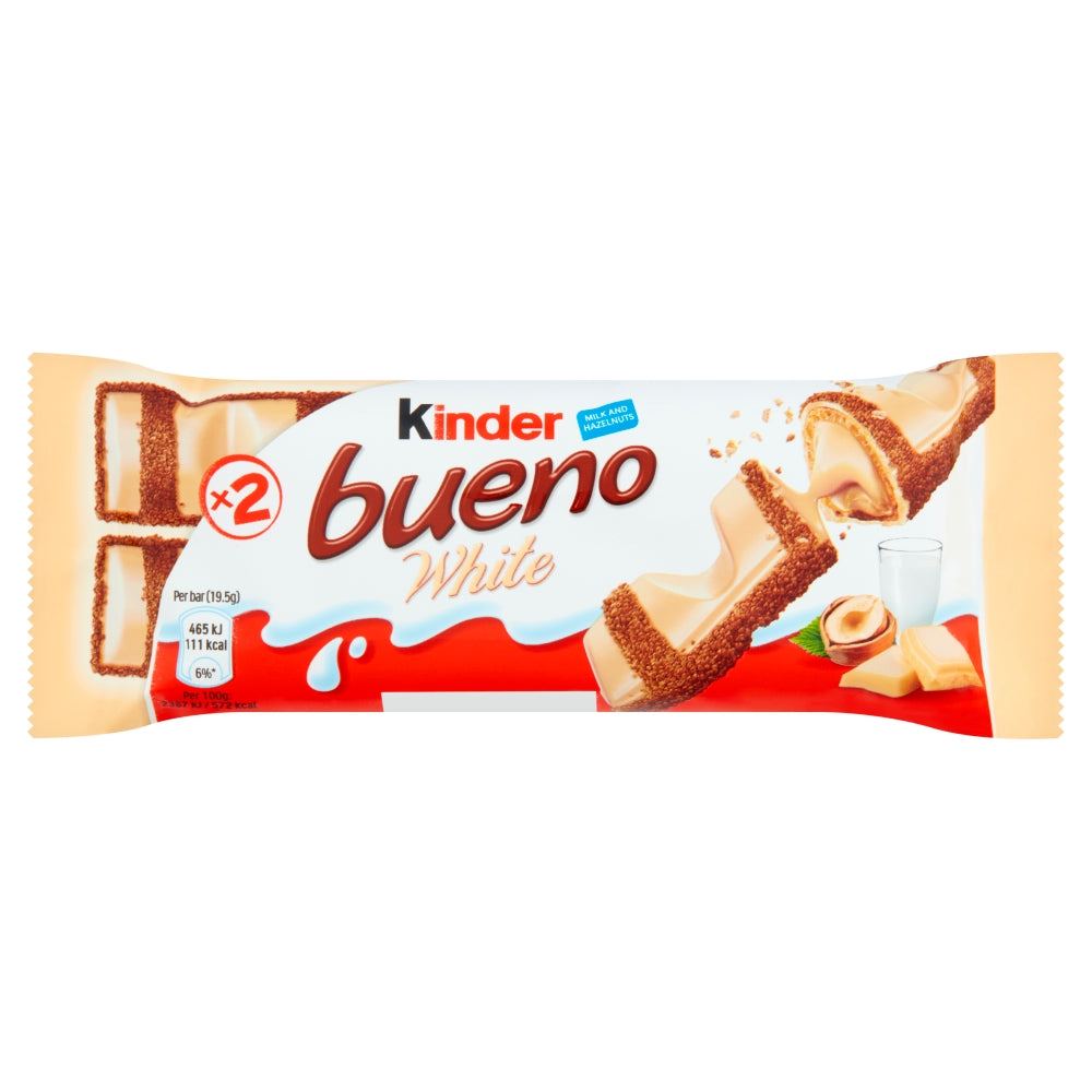 Kinder Bueno White Chocolate & Hazelnut Wafer Biscuit Snack Bar 39g - 30 x 39g Bars