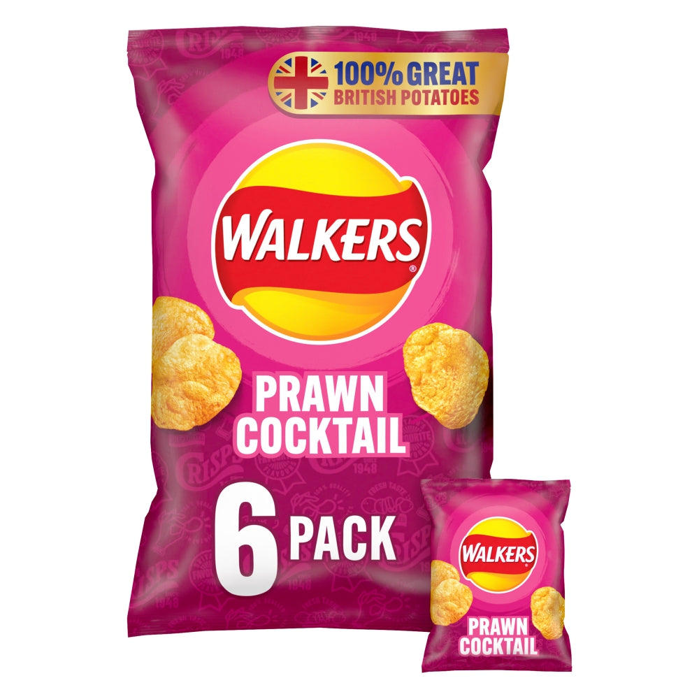 Walkers Prawn Cocktail Crisps 6 Pack Multipack 150g - 18 x (6 x 25g Bags) Multipacks