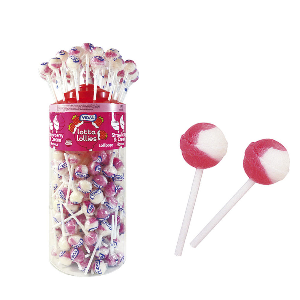 Vidal Lotta Lollies Strawberry & Cream Lollipops 150 Pack - 1 x 1kg Tub