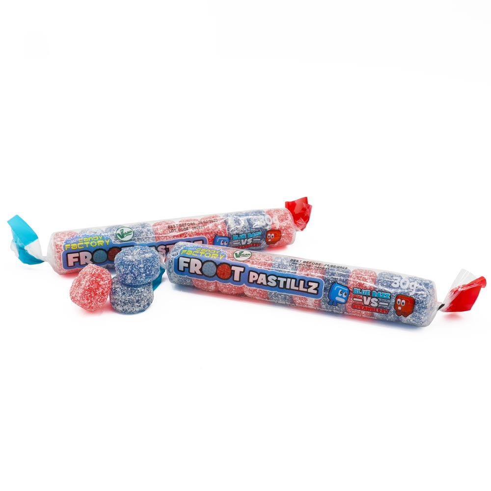Crazy Candy Factory Blue Razz Vs Strawberry Froot Pastillez 30g - 30 x 30g Rolls
