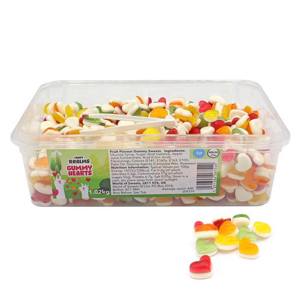 Candy Realms Gummy Hearts 1p Tub 1. 02kg - 1 x 1. 02kg Tub