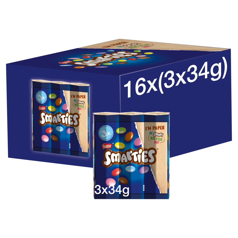 Smarties Milk Chocolate Tube Multipack 34g 3 Pack - 16 x (3 x 34g)