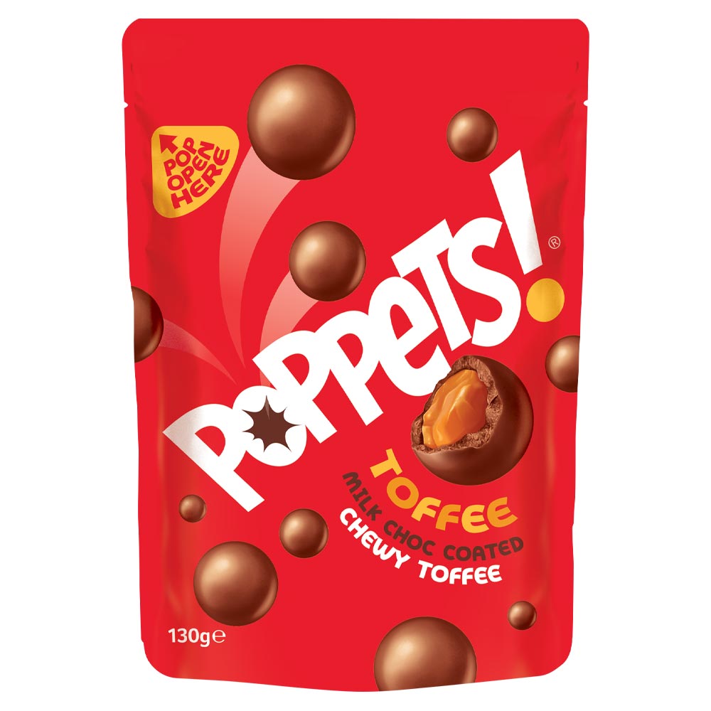 Poppets Milk Chocolate Coated Chewy Toffee Pouch 130g - 9 x 130g Pouches