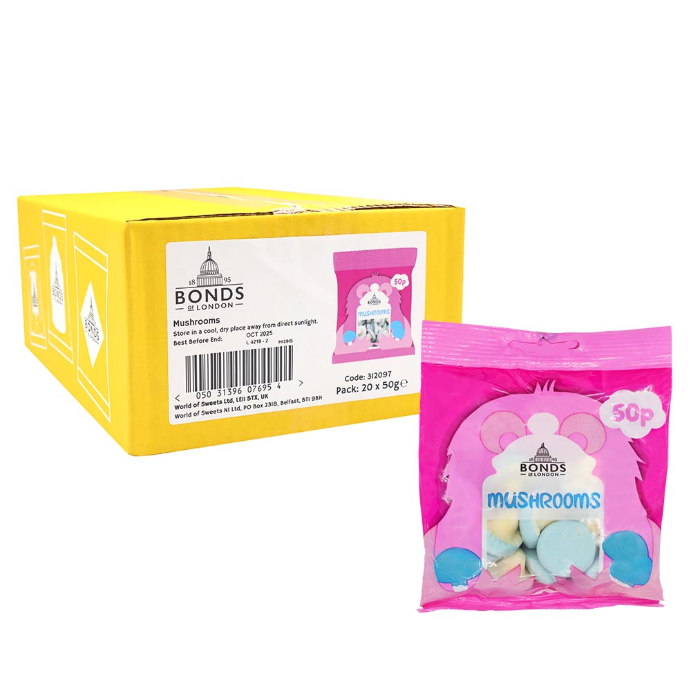 Bonds Bubblegum Mushrooms Treat Bags 50g 50p PMP - 20 x 50g Bags