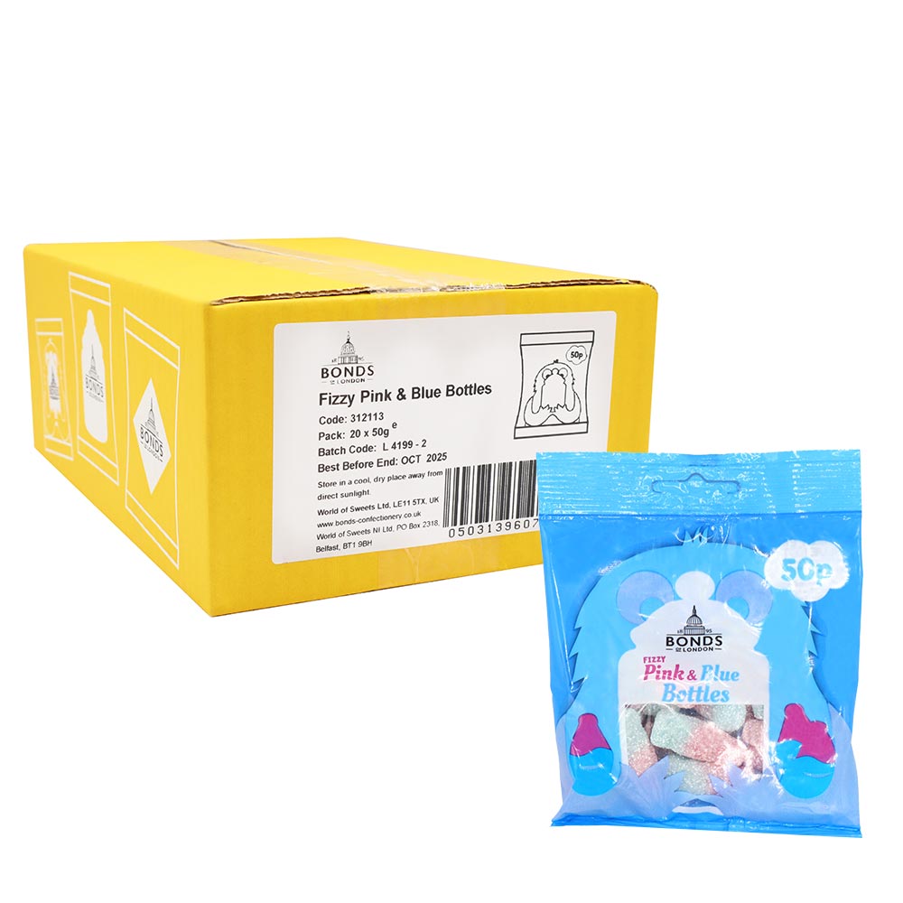 Bonds Fizzy Pink & Blue Bottles Treat Bags 50g 50p PMP - 20 x 50g Bags