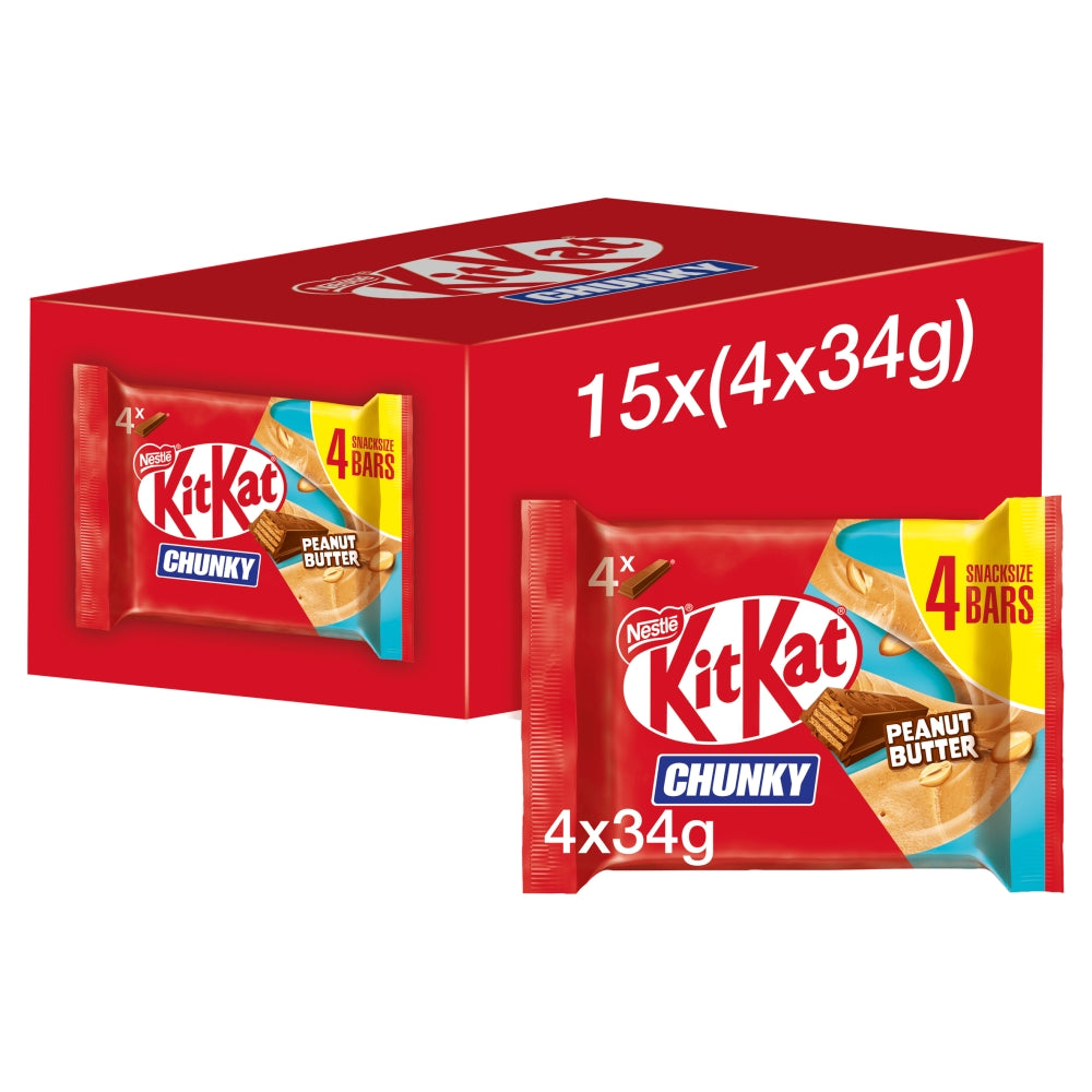 KitKat Chunky Peanut Butter Chocolate Bar Multipack 34g 4 Pack - 15 x (4 x 34g Bars)
