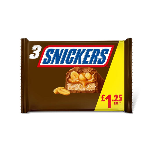 Snickers Caramel, Nougat, Peanuts & Milk Chocolate Bars Multipack £1. 25 PMP 3x41. 7g - 22 x 125. 1g Multipacks
