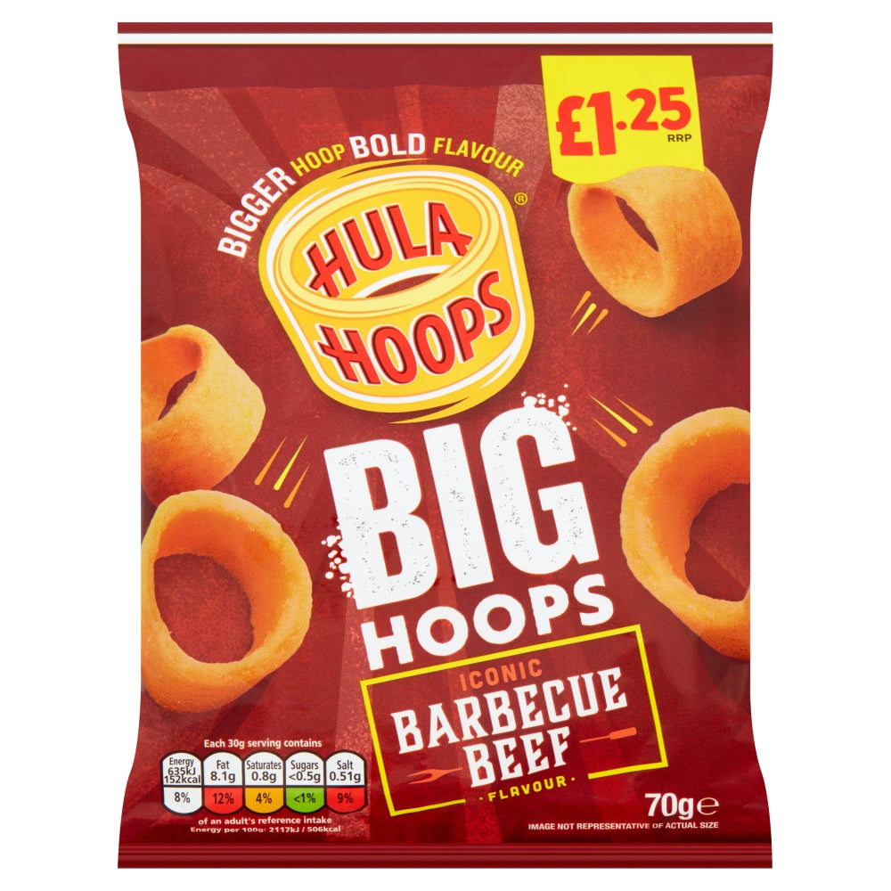 Hula Hoops Big Hoops BBQ Beef Crisps 70g £1. 25 PMP - 20 x 70g Bags