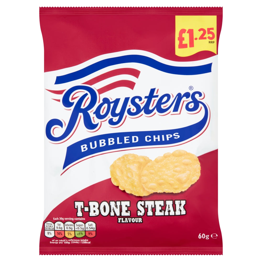 Roysters T-Bone Steak Crisps Bag 60g £1. 25 PMP - 20 x 60g Bags