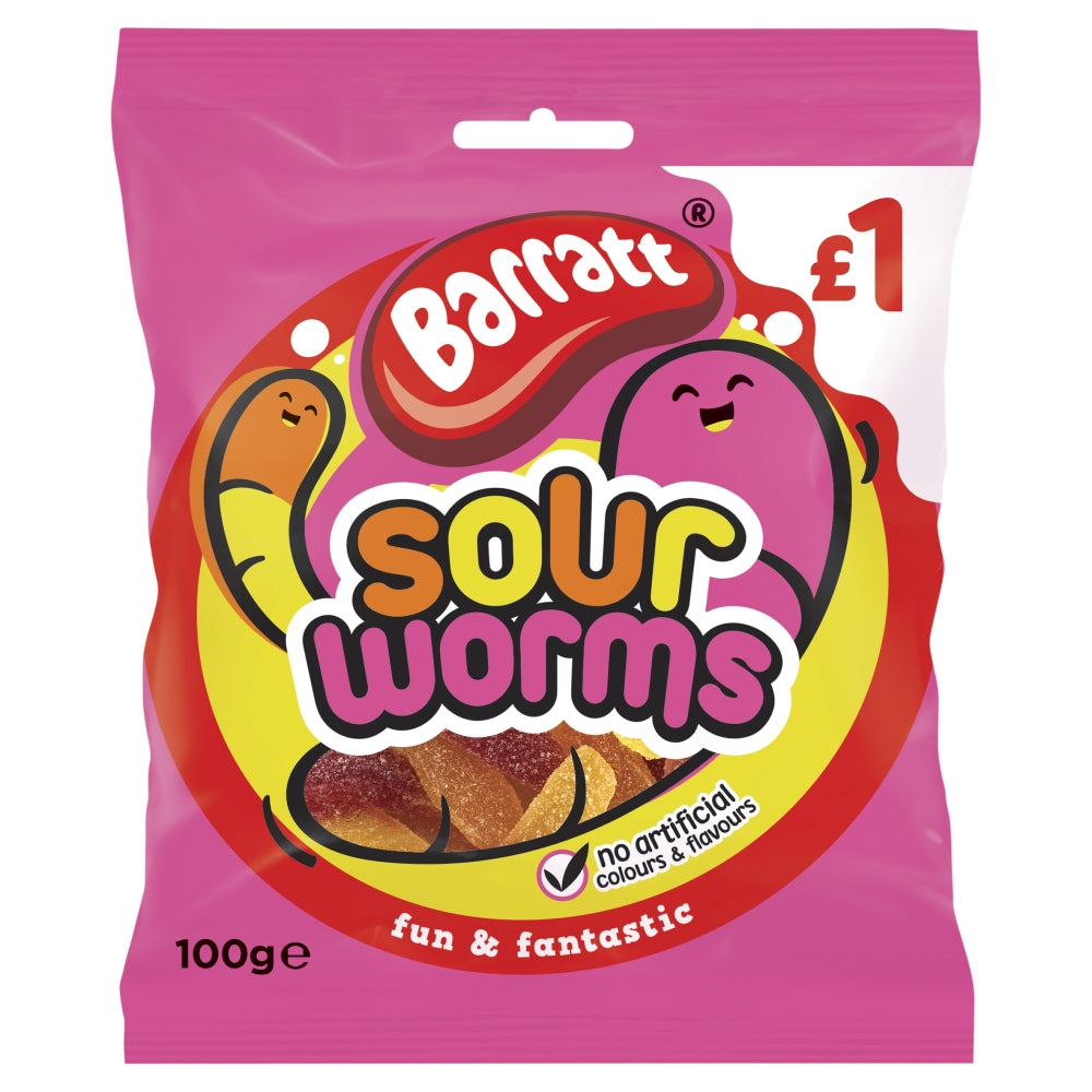 Barratt Fun & Fantastic Sour Worms 100g £1 PMP - 12 x 100g Bags
