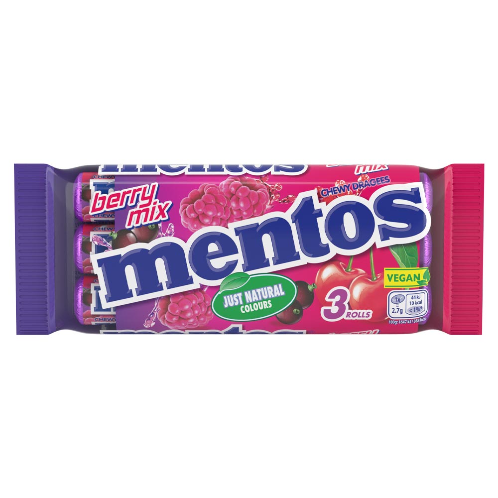 Mentos Chewy Dragees Berry Mix 3 Pack Multipack 114g - 25 x (3 x 38g Rolls)