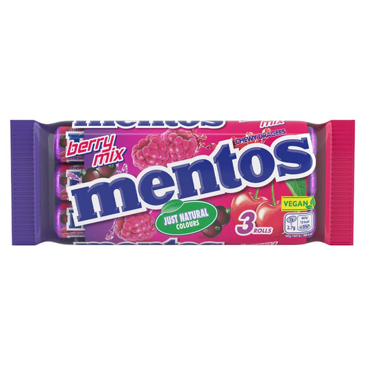 Mentos Chewy Dragees Berry Mix 3 Pack Multipack 114g - 25 x (3 x 38g Rolls)