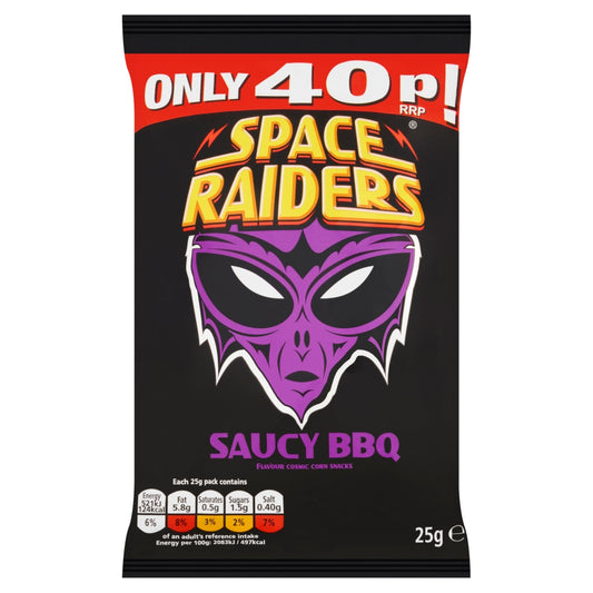 Space Raiders Saucy BBQ Crisps 25g 40p PMP - 36 x 25g Bags