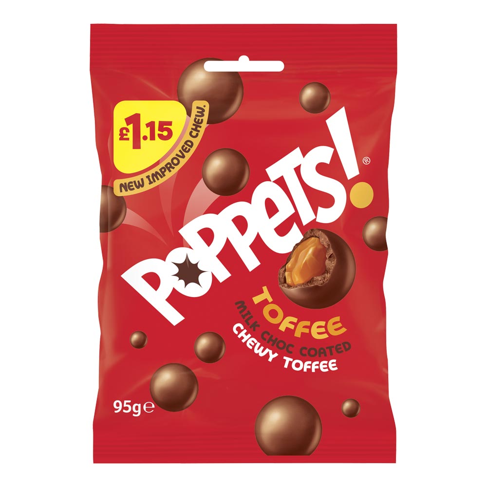 Poppets Milk Chocolate Coated Chewy Toffee Treat Bag 95g £1. 15 PMP - 10 x 95g Bags