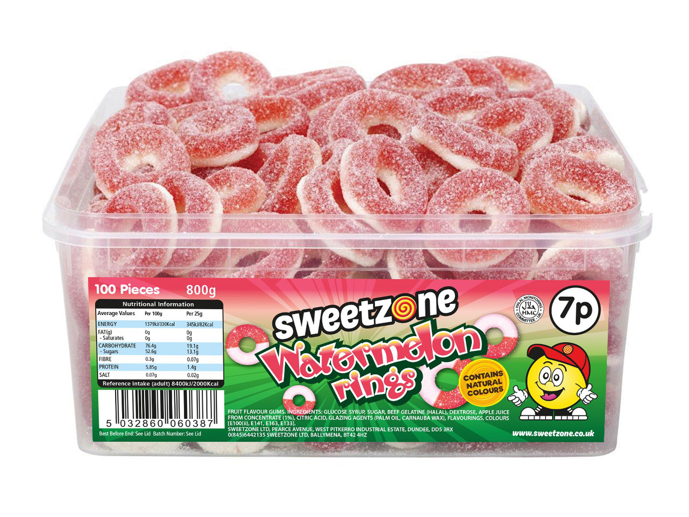 Sweetzone Watermelon Rings 7p Tub 800g - 1 x 800g Tub (Approx. 100 Sweets)
