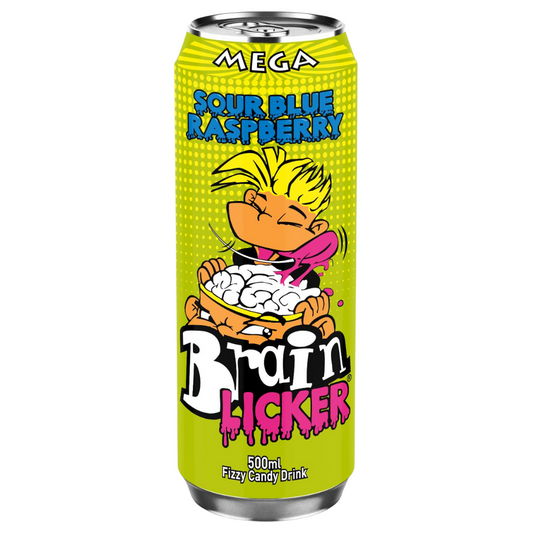 Mega Brain Licker Sour Blue Raspberry Fizzy Candy Drink Can 500ml - 12 x 500ml Cans