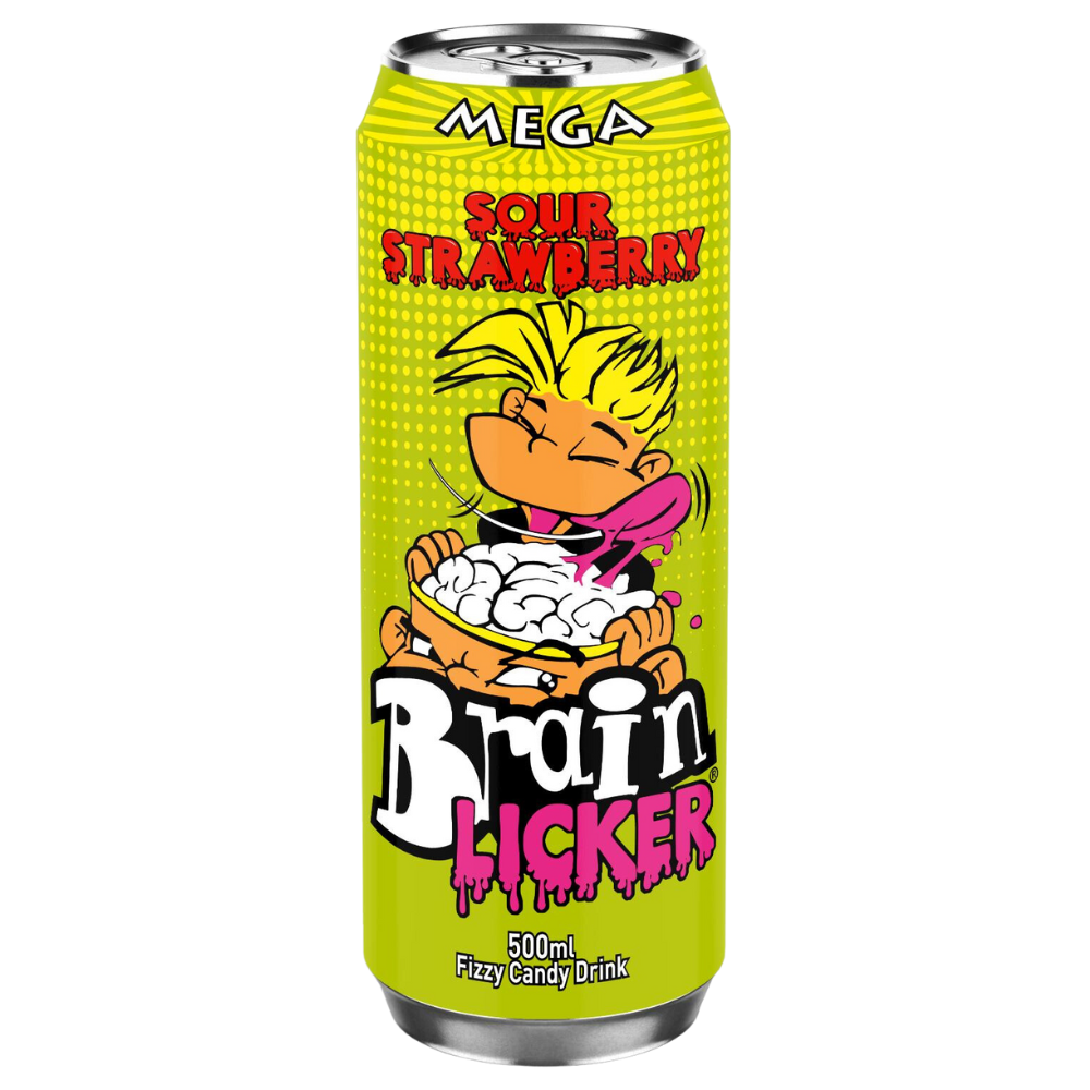 Mega Brain Licker Sour Strawberry Fizzy Candy Drink 500ml - 12 x 500ml Cans