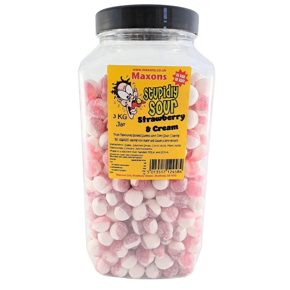 Maxon's Stupidly Sour Strawberry and Cream Sweets Jar 3kg - 1 x 3kg Jar