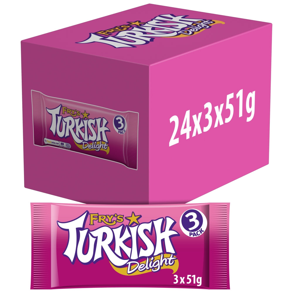 Fry's Turkish Delight Chocolate Bar 3 Pack 153g - 24 x (3 x 51g Bars)
