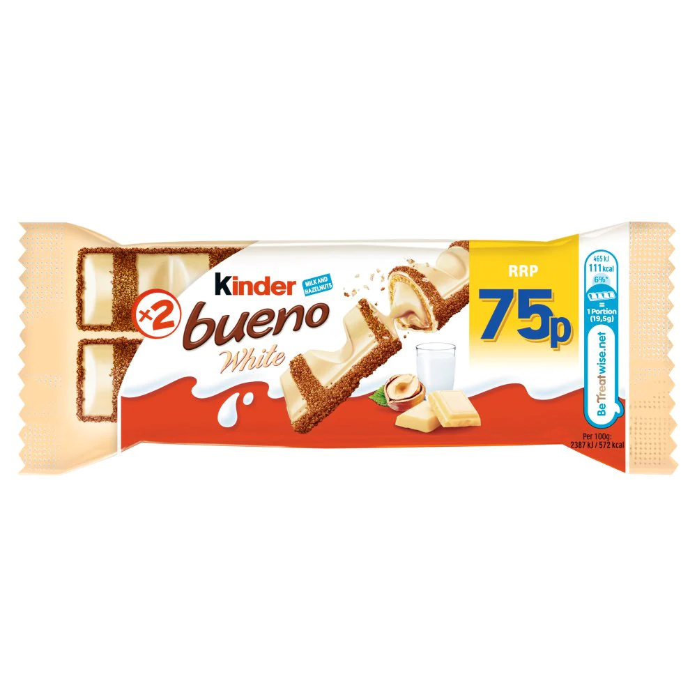 Kinder Bueno White Chocolate and Hazelnuts Duo Bars 39g 75p PMP - 30 x 39g Bars